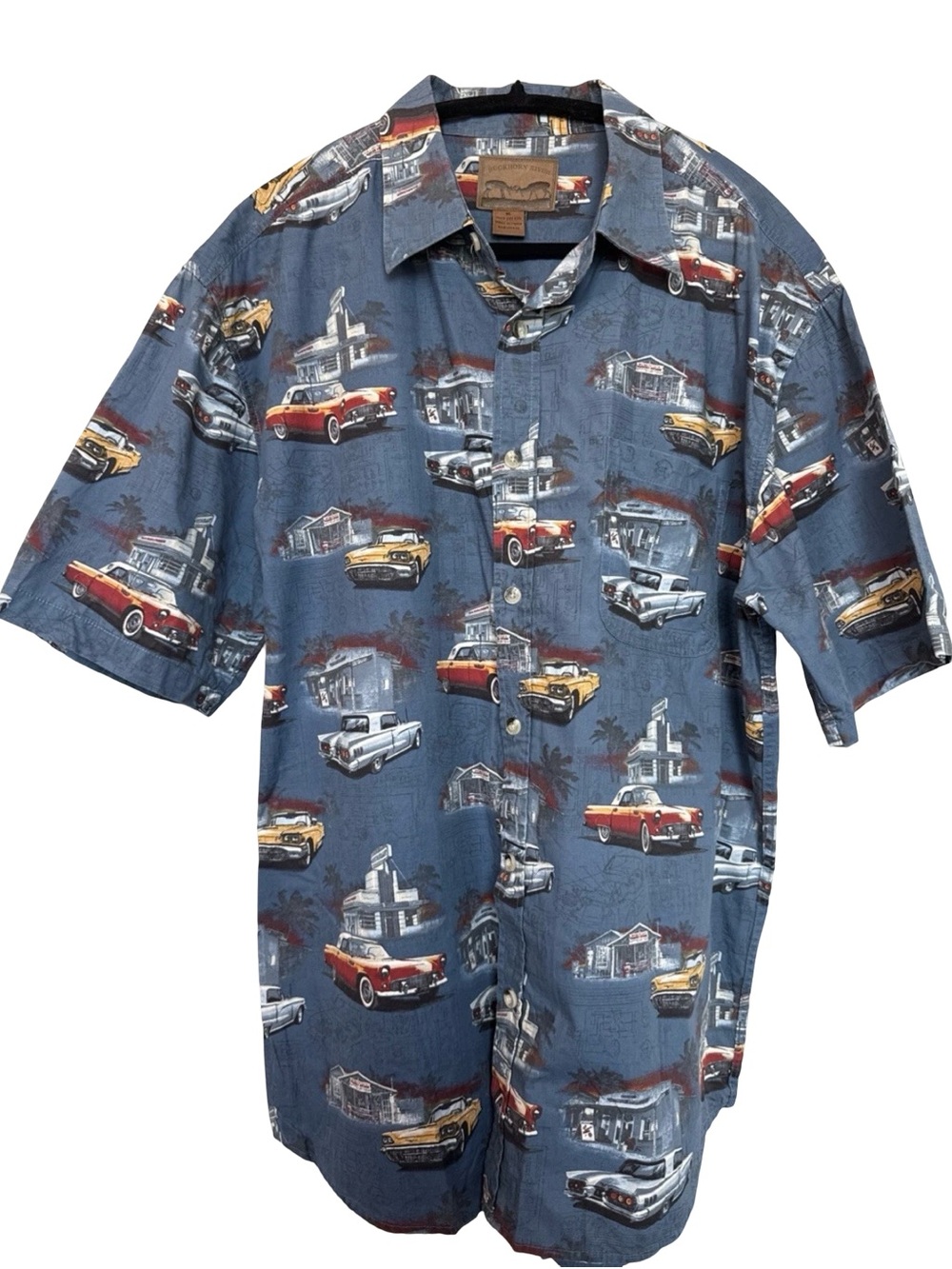 Buckhorn River Shirt Mens XL Blue Vintage Cars Gas Station Print 100% Cotton